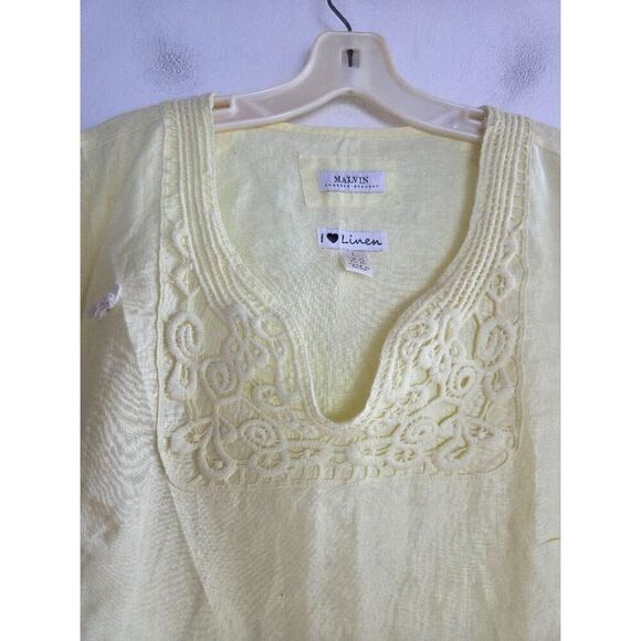 Malvin Hamburg Yellow Embroidered V-Neck 100% Linen Tunic Blouse size Large - Picture 4 of 6